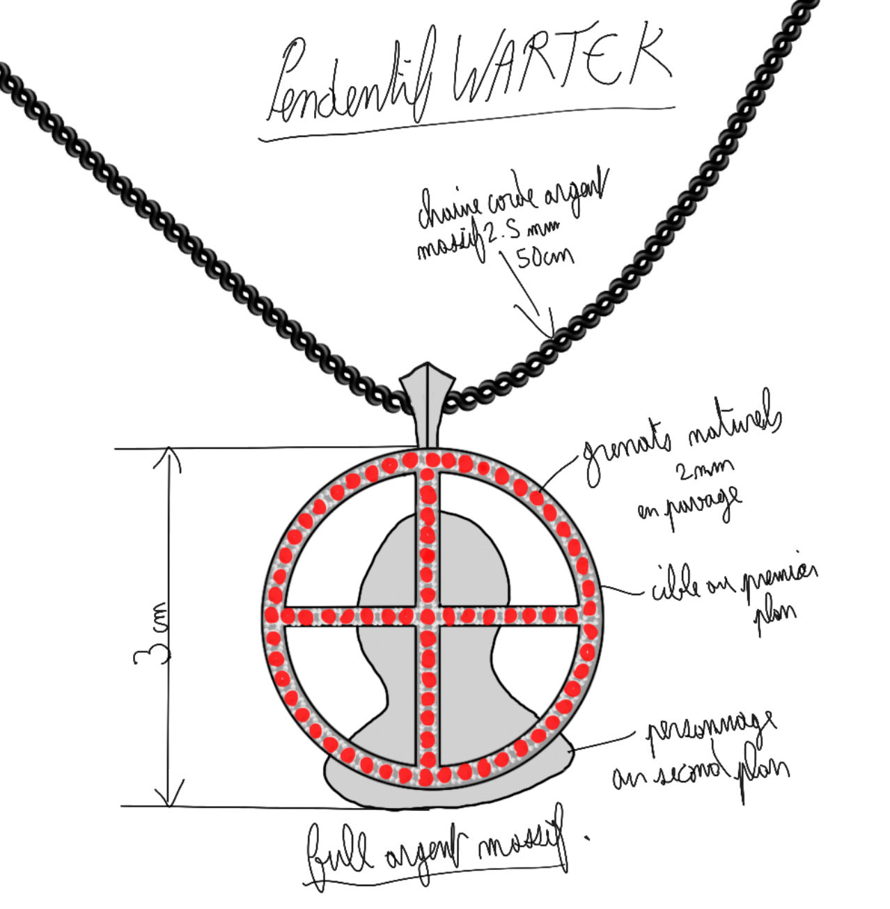 Pendentif custom avec chaîne, pavage grenat, full argent massif.